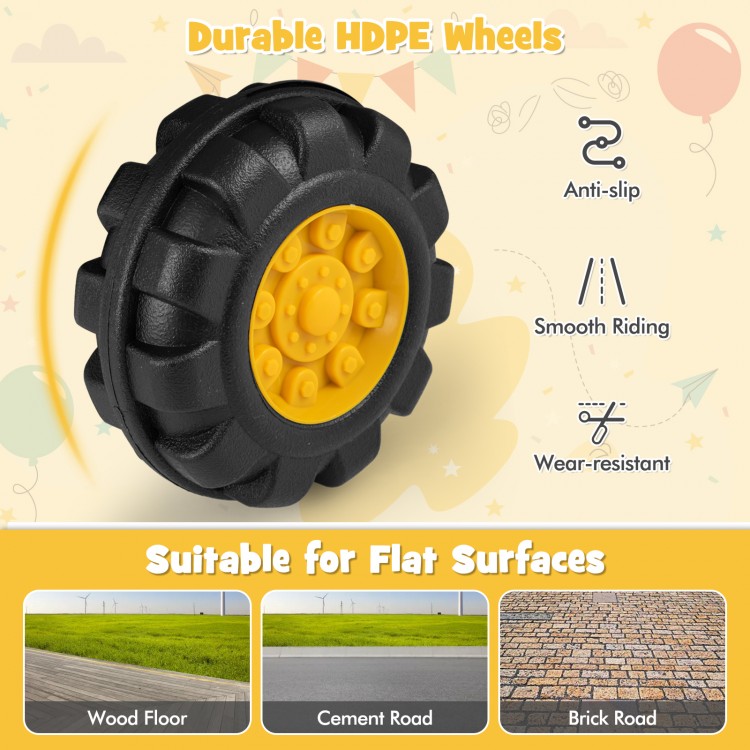 Durable HDPE wheel for Kids Ride On Bulldozer Toy, designed for smooth riding on flat surfaces like wood and brick.