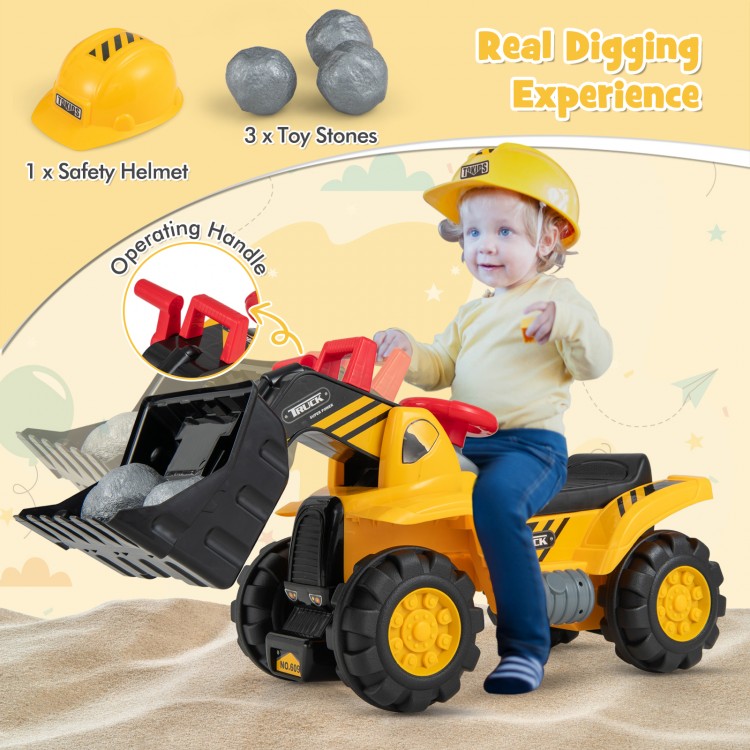 Kids ride-on bulldozer toy truck with adjustable bucket, safety helmet, and toy stones for fun outdoor play.