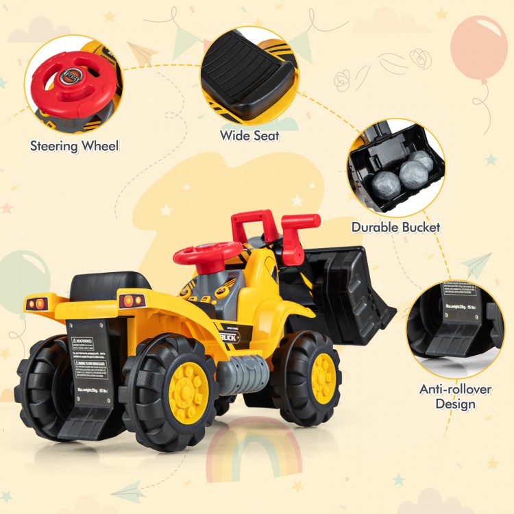 Kids ride-on bulldozer toy truck with adjustable bucket, wide seat, and anti-rollover design for safe play.