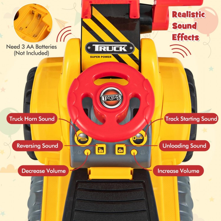 Kids ride-on bulldozer toy truck with adjustable bucket, realistic sound effects, and flexible steering for ages 3+.