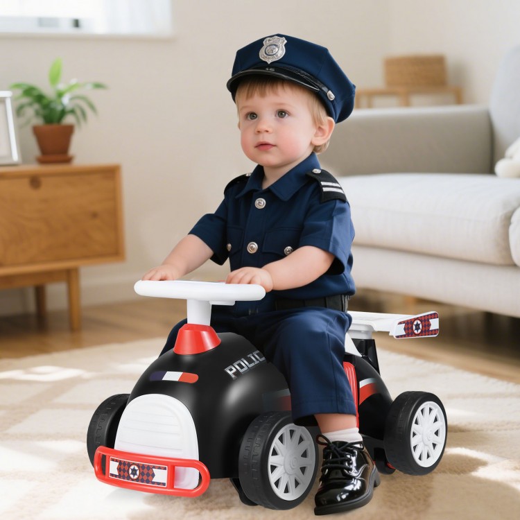 Kids ride-on car sliding toy in black and red with music, under-seat storage, and smooth universal wheels for fun.