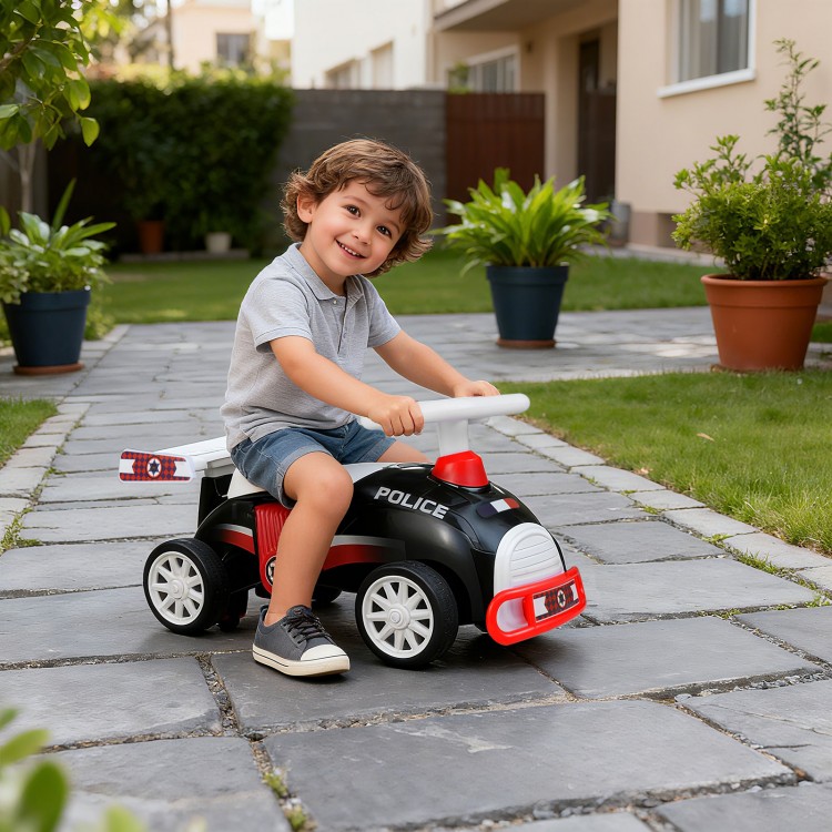 Kids ride-on car sliding toy in black and red with music, under-seat storage, and smooth universal wheels for fun play.