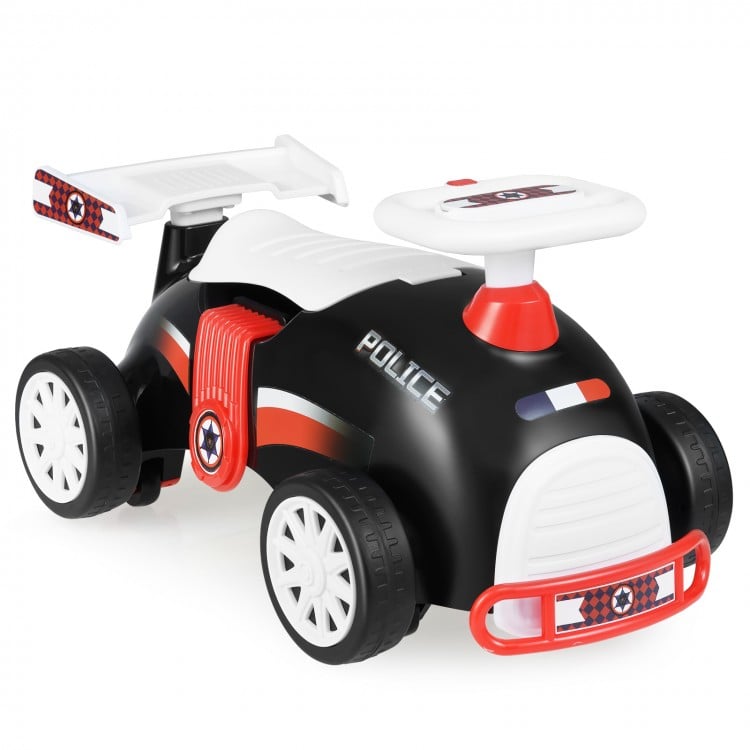 Kids ride-on car sliding toy in black and red with music, under-seat storage, and smooth-rolling wheels for fun.