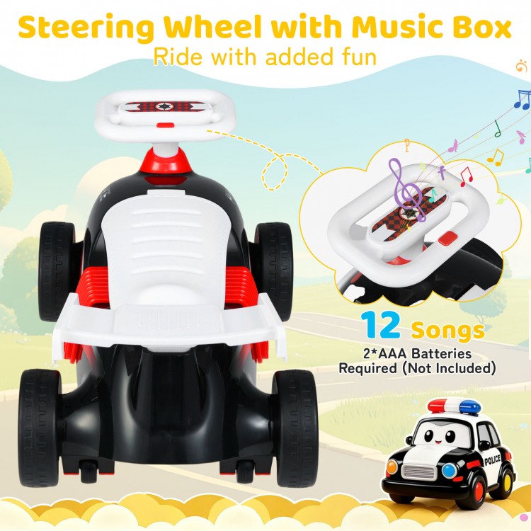 Kids ride-on car toy in black and red with music box, under-seat storage, and smooth universal wheels for fun play.