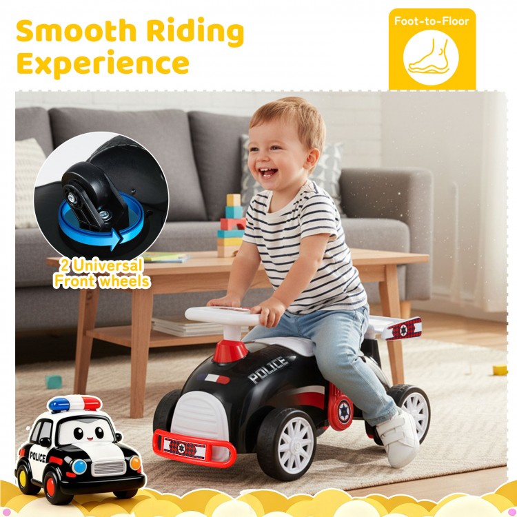 Kids ride-on car sliding toy in black and red with music, under-seat storage, and smooth universal front wheels for fun.