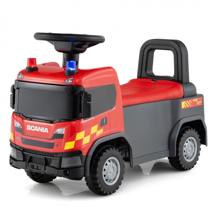 Kids ride-on push car in red SCANIA truck design with steering wheel, music, and under-seat storage for toys.