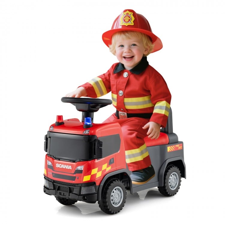 Kids ride-on SCANIA truck toy in red with steering wheel, music, and safety features for indoor and outdoor fun.