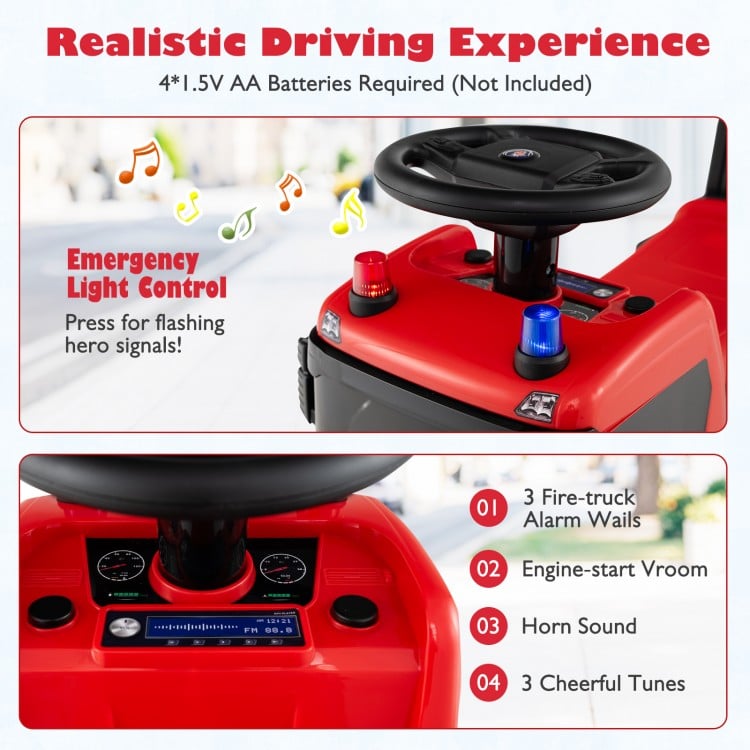 Red SCANIA truck push car with steering wheel, emergency lights, and realistic sounds for kids' imaginative play.