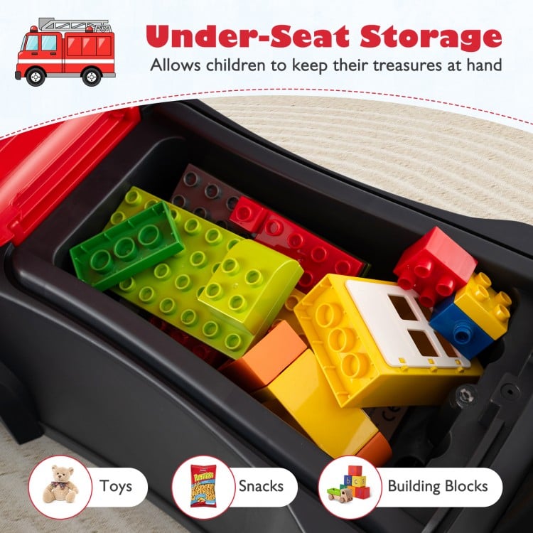 Under-seat storage in the red SCANIA truck toy holds toys and snacks, promoting organization during playtime.