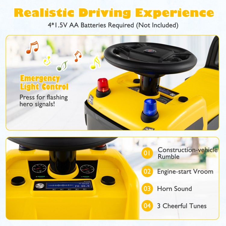 Kids ride-on push car in yellow with steering wheel, music, and realistic sound effects for immersive play experience.