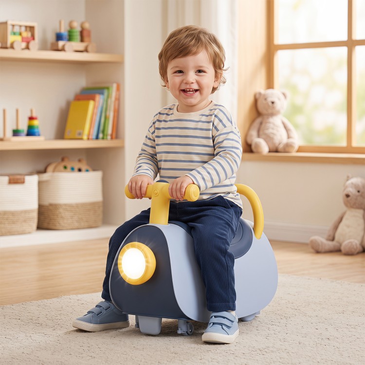 Kids ride-on push car in blue with ergonomic seat and backrest, ideal for toddlers aged 18-36 months to enhance leg strength.