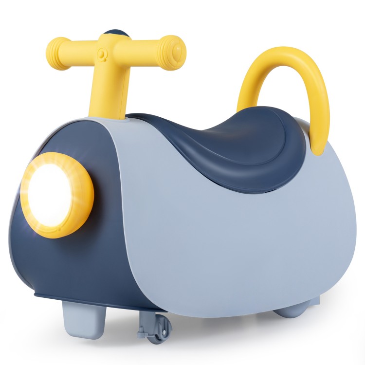 Kids ride-on push car in blue with headlight, music, and under-seat storage for toddlers aged 18-36 months.