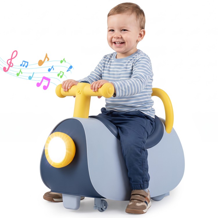 Bright blue kids ride-on push car with headlight, music, and under-seat storage for toddlers aged 18-36 months.