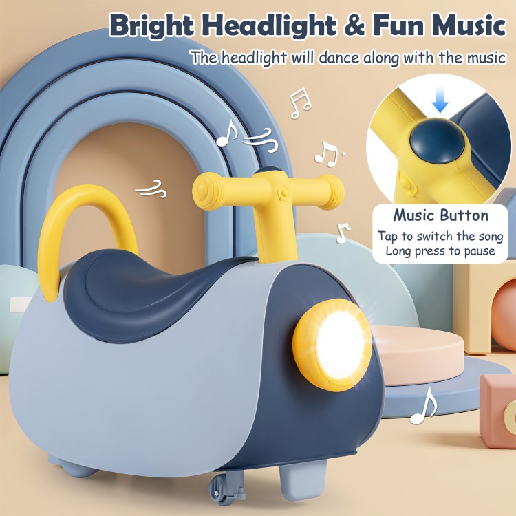 Kids ride-on push car in blue features a bright headlight, fun music, and under-seat storage for toddlers aged 18-36 months.