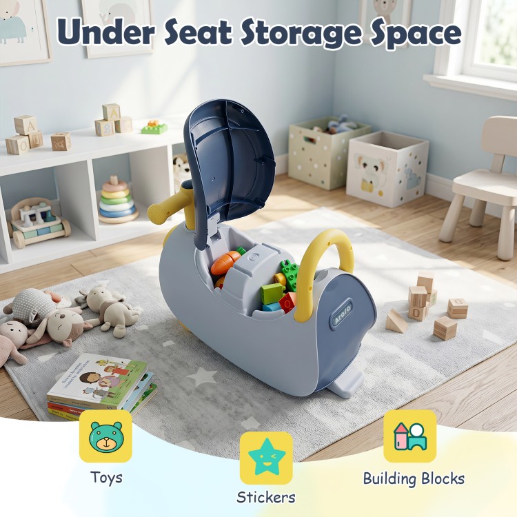 Kids ride-on push car in blue featuring under-seat storage for toys, stickers, and building blocks, designed for toddlers.