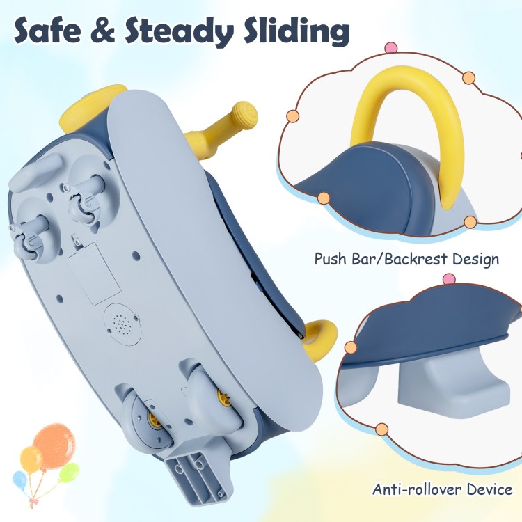 Kids ride-on push car in blue with headlight, music, backrest, and under-seat storage for toddlers aged 18-36 months.
