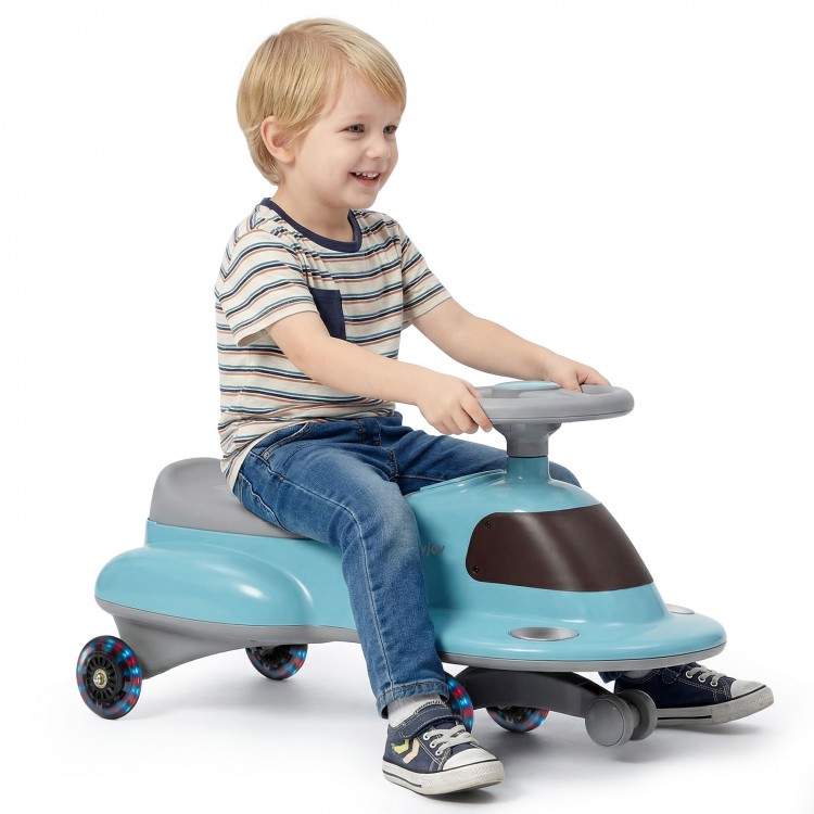 Kids ride-on toy in blue with LED flashing wheels, featuring under-seat storage and anti-tip design for safe play.