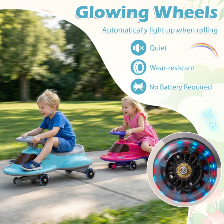 Kids ride-on toy in blue with glowing wheels, under-seat storage, and anti-tip design for safe, battery-free play.