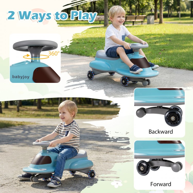 Kids ride-on toy in blue with LED wheels, featuring under-seat storage and 360-degree steering for safe, fun play.
