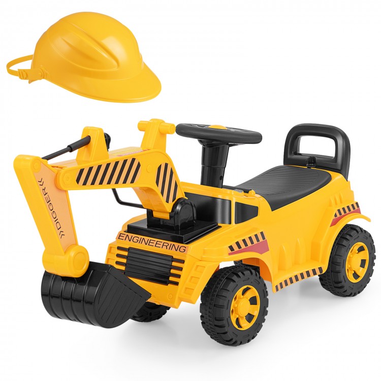 Kids ride-on excavator in yellow with adjustable shovel, ergonomic backrest, and under-seat storage for outdoor fun.