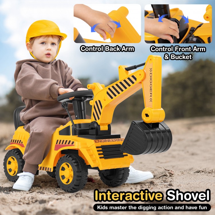 Kids ride-on excavator in yellow with adjustable shovel, ergonomic backrest, and under-seat storage for outdoor fun.