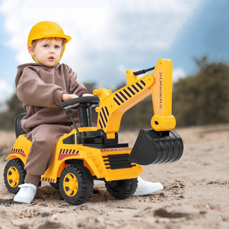 Kids ride-on excavator in yellow with adjustable shovel, designed for sand play and featuring ergonomic backrest.