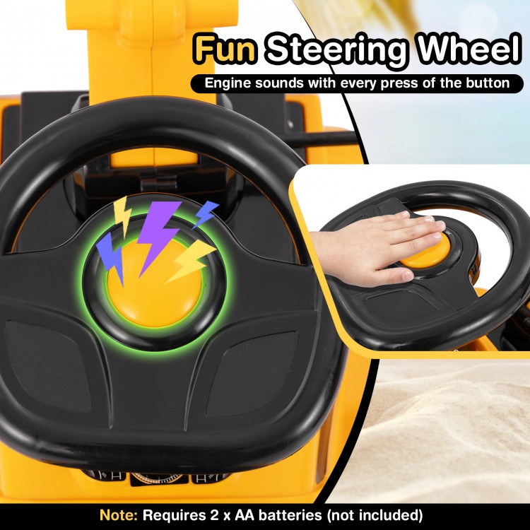 Fun steering wheel of the Kids Ride on Excavator in yellow, featuring engine sounds and ergonomic design for playtime.