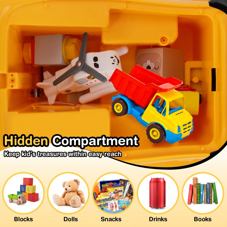 Kids ride-on excavator in yellow with adjustable shovel and hidden storage for toys, snacks, and books.