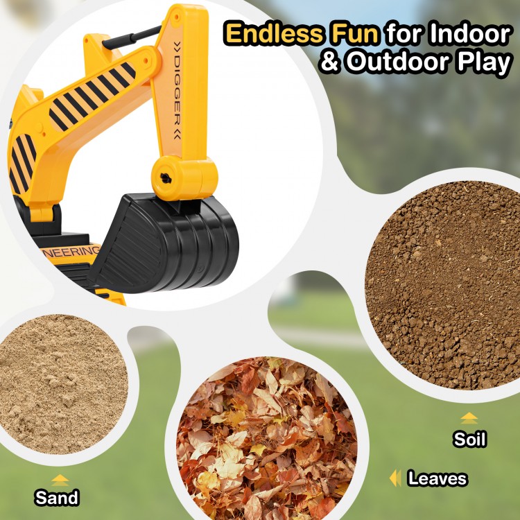 Kids ride-on excavator in yellow with adjustable shovel for sand and soil, perfect for indoor and outdoor play.