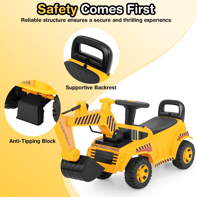 Kids ride-on excavator in yellow with adjustable shovel, ergonomic backrest, and anti-tipping block for safe play.