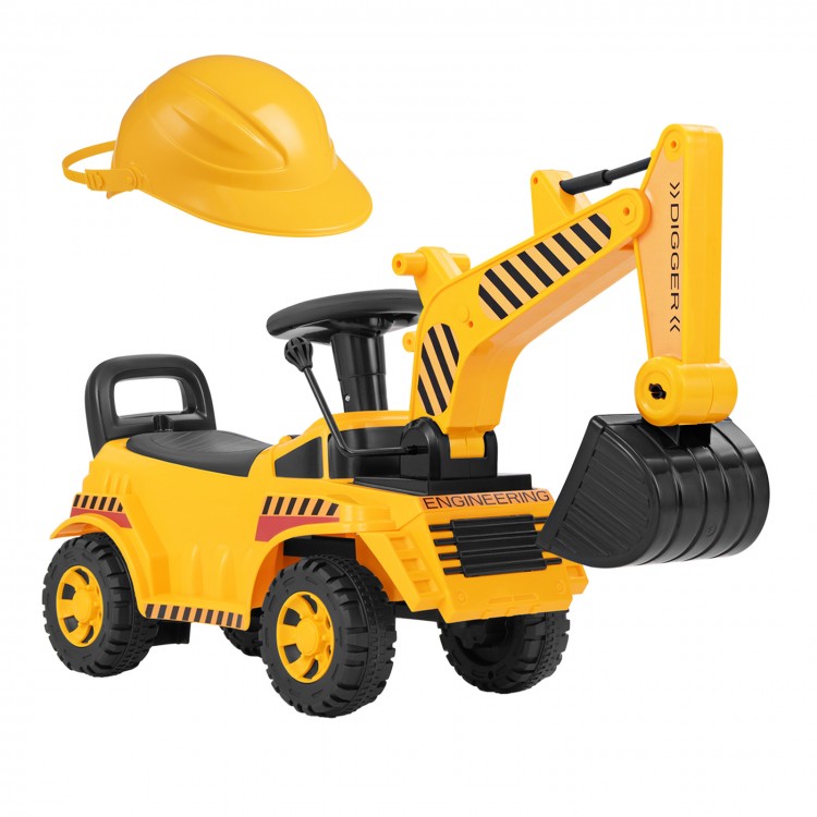 Kids ride-on excavator in yellow with adjustable shovel, ergonomic backrest, and side lever for outdoor play.