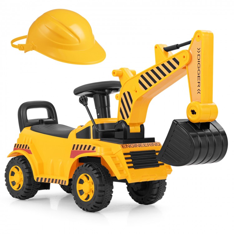 Kids ride-on excavator in yellow featuring a side lever for bucket control, perfect for imaginative indoor and outdoor.