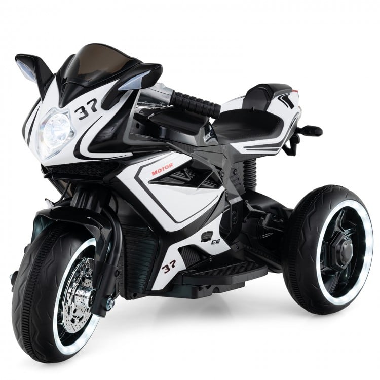 Kids ride-on motorcycle in black with LED lights, designed for ages 3+, featuring a safe speed range of 3-7 mph.