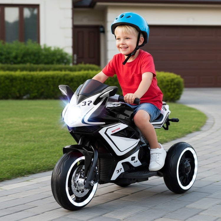 Kids ride-on motorcycle in black with LED lights, designed for ages 3+, featuring a stable three-wheel structure.