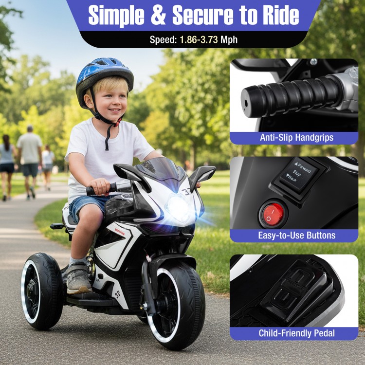 Kids ride-on motorcycle with LED lights, child-friendly handgrips, and a speed range of 1.86-3.73 mph for safe fun.