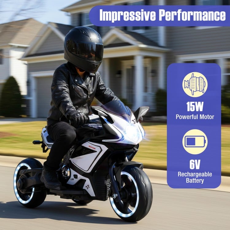 Kids ride-on motorcycle in black with LED lights, 6V battery, and 15W motor, perfect for ages 3+ on various surfaces.