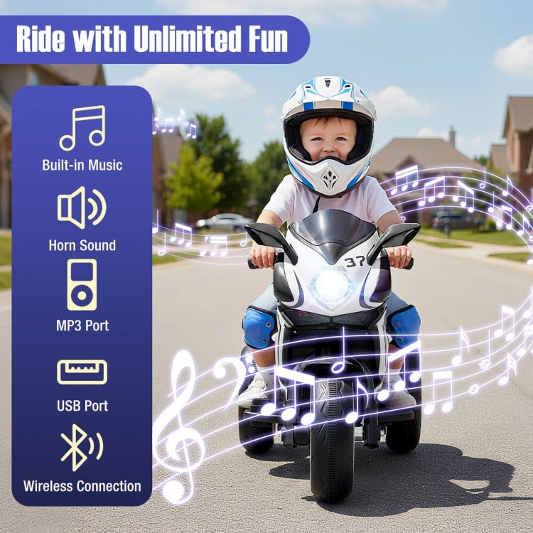 Kids ride-on motorcycle in black with LED lights, built-in music, and a speed range of 3-7 mph for outdoor fun.