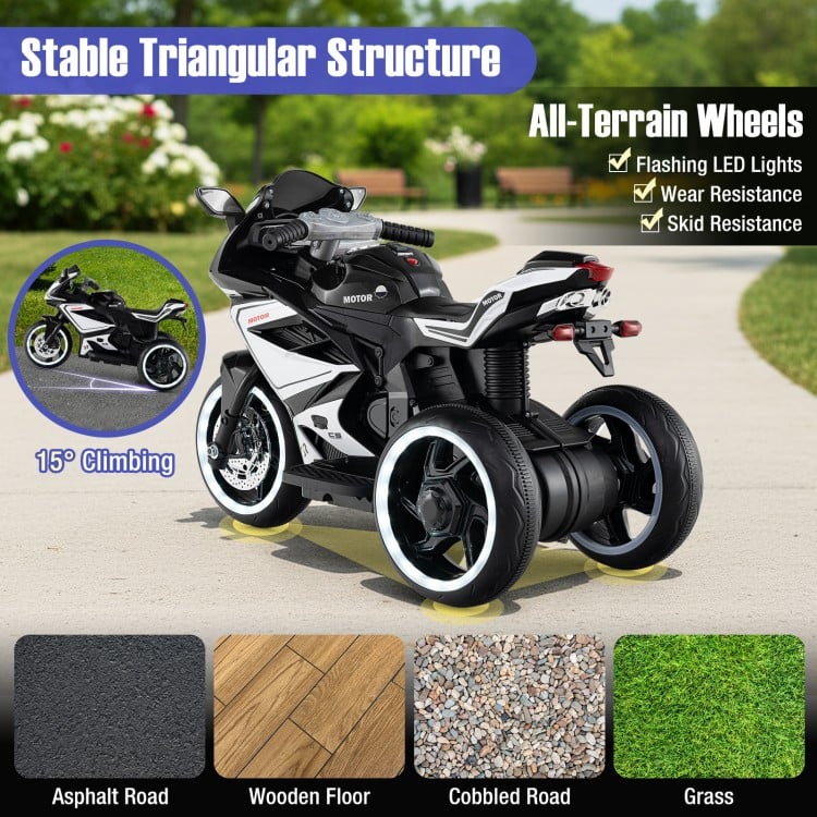 Kids ride-on motorcycle with all-terrain wheels, LED lights, and stable triangular structure for ages 3+ on various.
