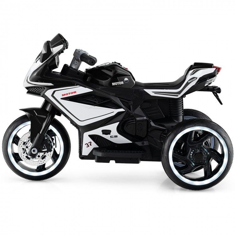 Kids ride-on motorcycle in black with LED lights, 6V battery, and stable three-wheel design for ages 3+.