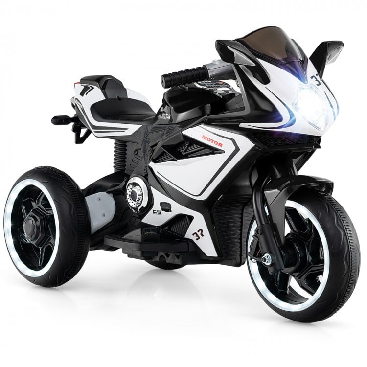 Kids ride-on motorcycle in black with LED lights, 6V battery, and three wheels for stability, perfect for ages 3+.