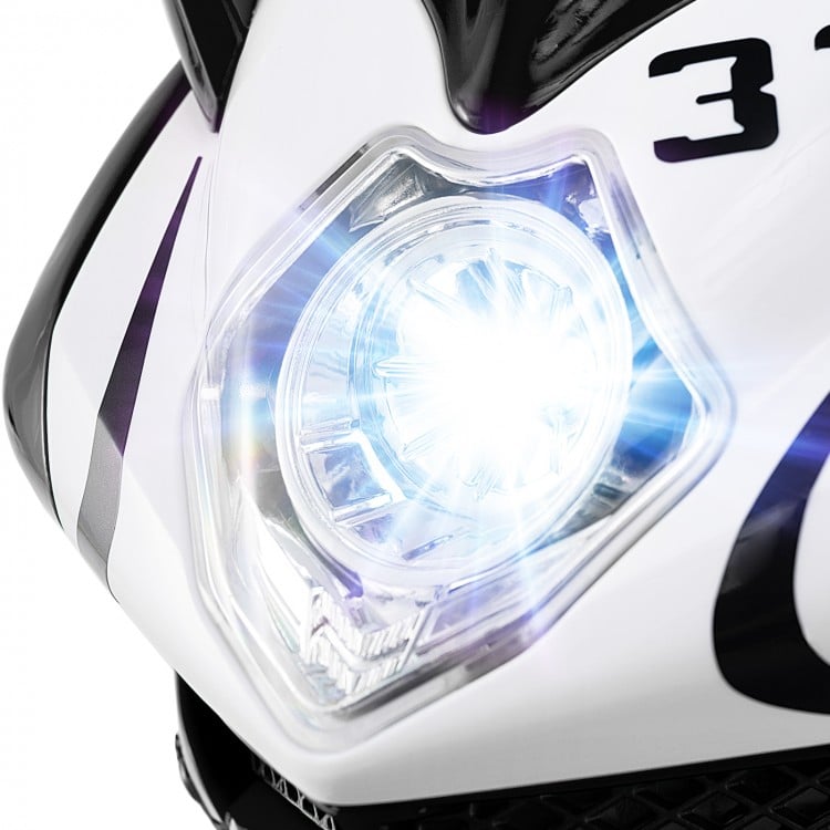 Bright LED headlight of the Kids Ride on Motorcycle, featuring a sleek black design for fun and safe riding.