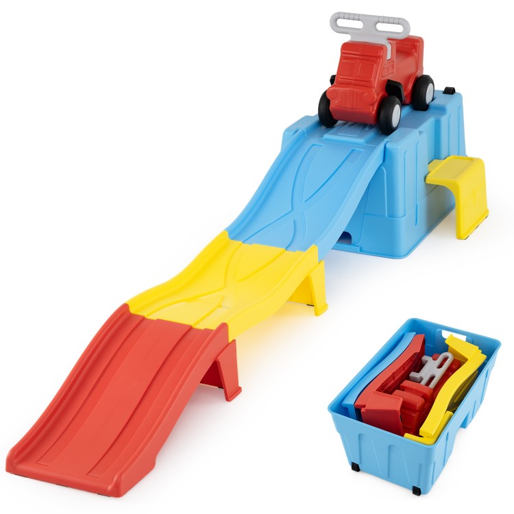 Multicolor kids ride-on toy features a spacious storage box and smooth wheels for easy portability and organization.