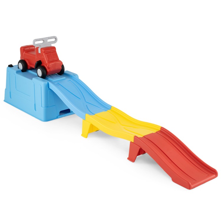 Kids ride-on toy with multicolor downhill race tracks and storage box, promoting fun and motor skills for toddlers.