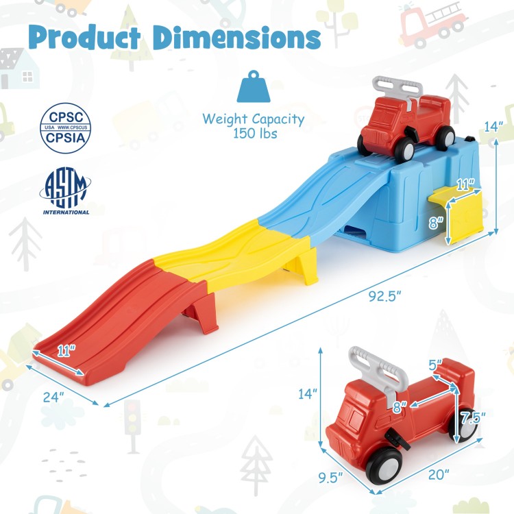 Multicolor kids ride-on toy with storage box and downhill race tracks, promoting motor skills and fun for toddlers aged 3+.
