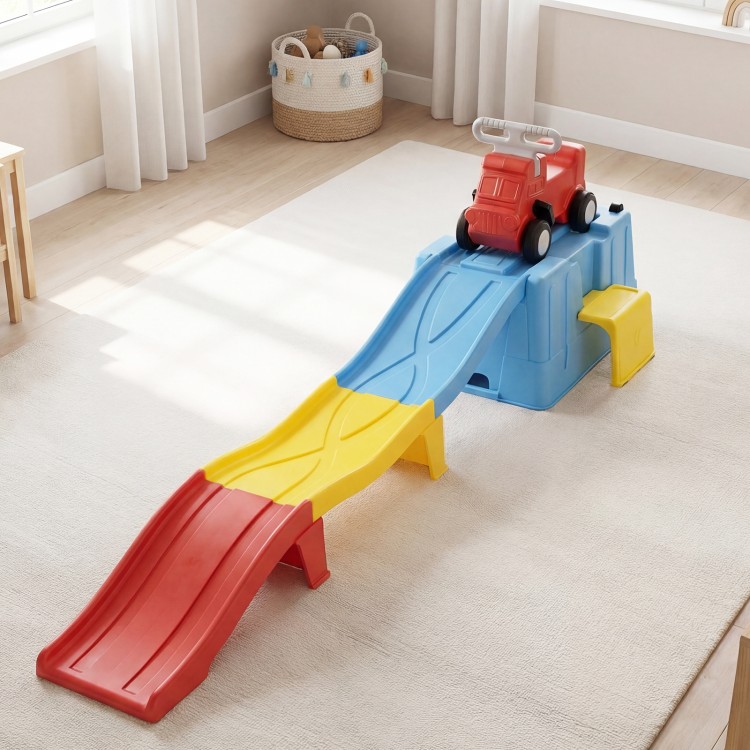 Colorful kids ride-on toy with downhill race tracks and storage box, promoting fun and motor skills for toddlers.