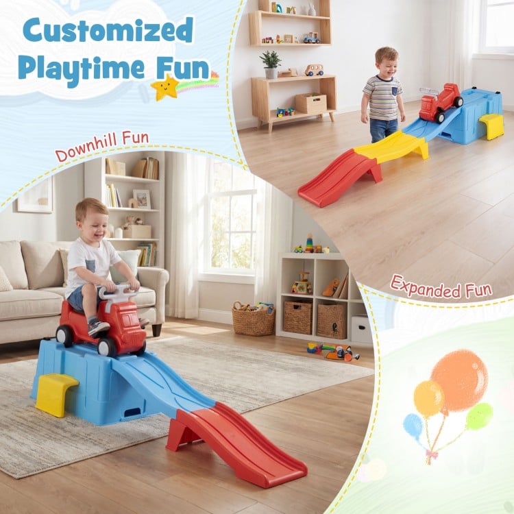 Kids ride-on toy with storage box features downhill race tracks for fun play and easy organization in multicolor design.