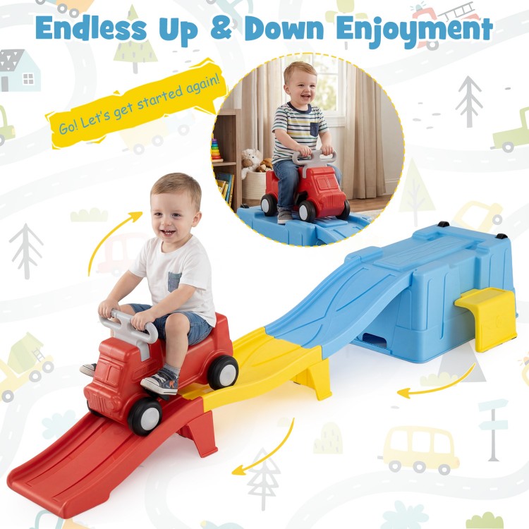 Kids ride-on toy with storage box and downhill race tracks in multicolor, designed for endless fun and easy storage.