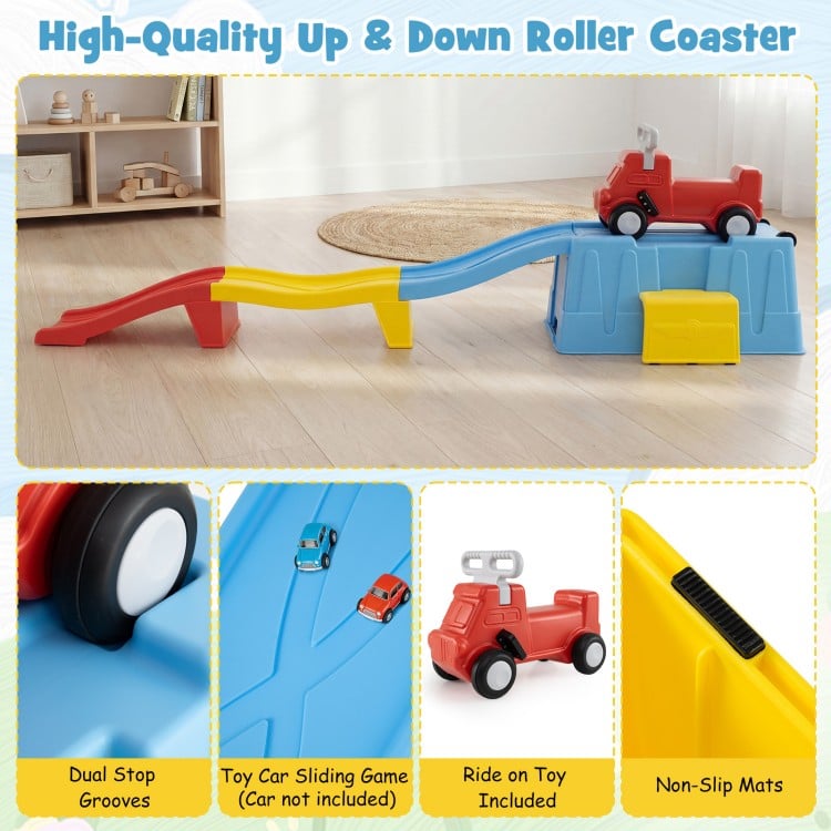Kids ride-on toy with storage box and downhill race tracks in multicolor, promoting fun and motor skills for toddlers.