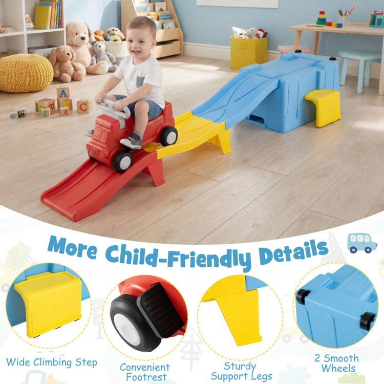 Kids ride-on toy with storage box and downhill race tracks features a wide climbing step and sturdy support legs for safe play.
