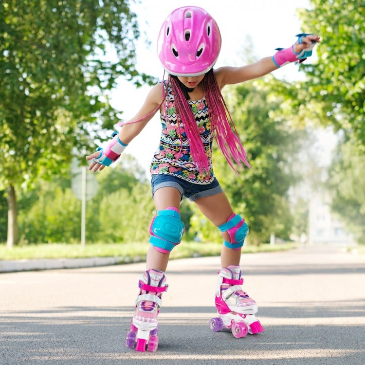 Kids roller skates in rose red with light-up wheels, adjustable sizes, and safety gear for fun outdoor play.